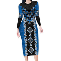 Blue Niho Taniwha Mix Poutama Long Sleeve Bodycon Dress Unique Taniko Aotearoa LT01 Long Dress Blue - Polynesian Pride