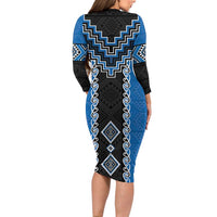 Blue Niho Taniwha Mix Poutama Long Sleeve Bodycon Dress Unique Taniko Aotearoa LT01 - Polynesian Pride