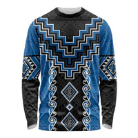 Blue Niho Taniwha Mix Poutama Long Sleeve Shirt Unique Taniko Aotearoa LT01 Unisex Blue - Polynesian Pride