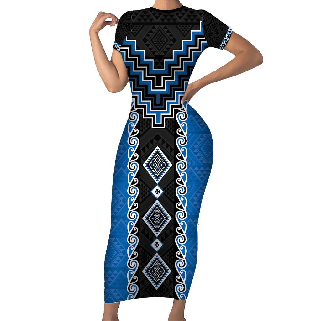 Blue Niho Taniwha Mix Poutama Short Sleeve Bodycon Dress Unique Taniko Aotearoa LT01 Long Dress Blue - Polynesian Pride