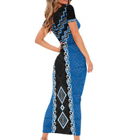 Blue Niho Taniwha Mix Poutama Short Sleeve Bodycon Dress Unique Taniko Aotearoa LT01 - Polynesian Pride