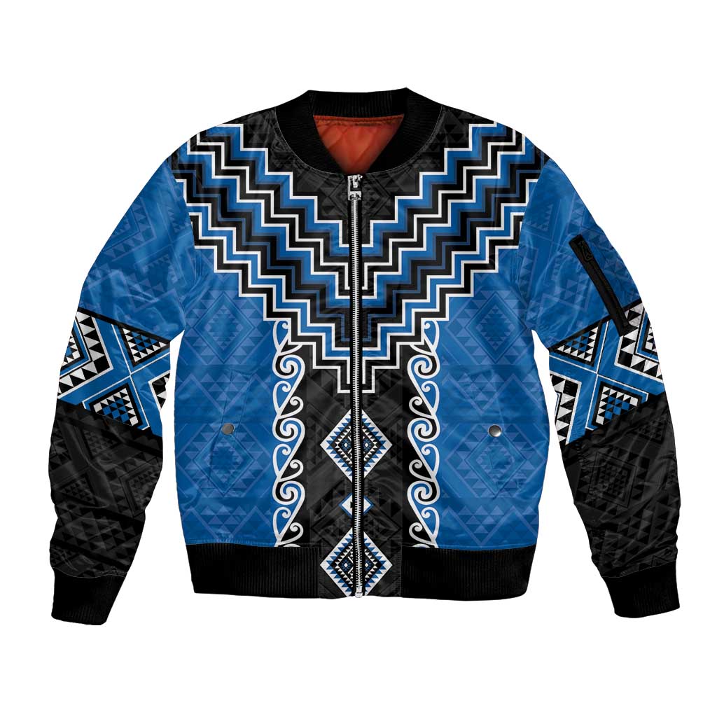 Blue Niho Taniwha Mix Poutama Sleeve Zip Bomber Jacket Unique Taniko Aotearoa LT01 Unisex Blue - Polynesian Pride