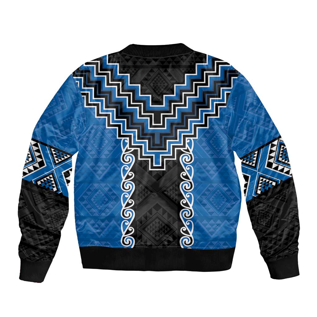 Blue Niho Taniwha Mix Poutama Sleeve Zip Bomber Jacket Unique Taniko Aotearoa LT01 - Polynesian Pride