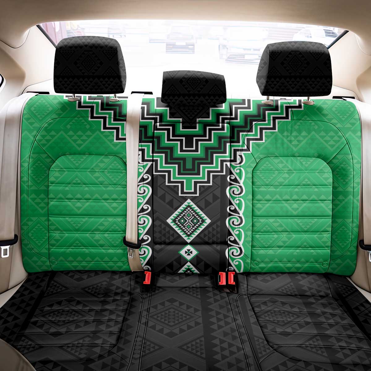 Green Niho Taniwha Mix Poutama Back Car Seat Cover Unique Taniko Aotearoa LT01 - Polynesian Pride