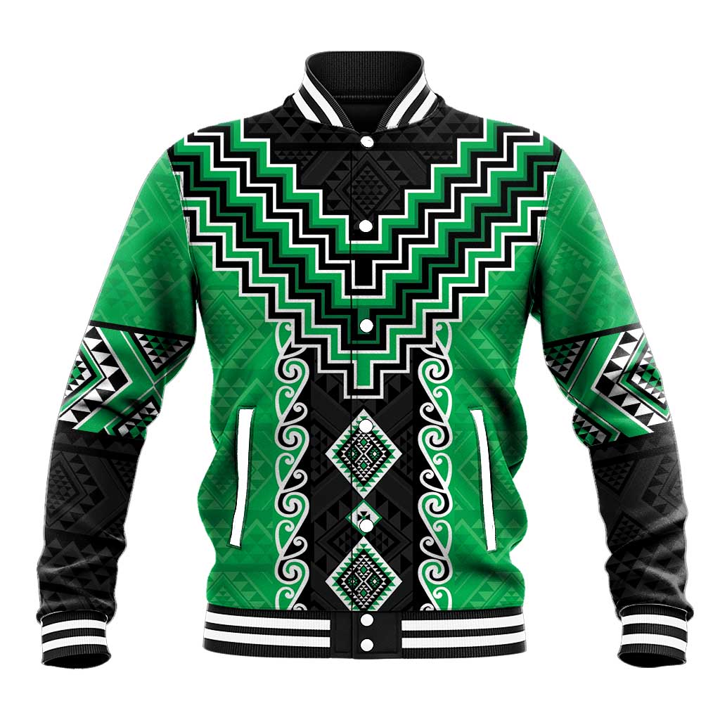 Green Niho Taniwha Mix Poutama Baseball Jacket Unique Taniko Aotearoa LT01 Unisex Green - Polynesian Pride