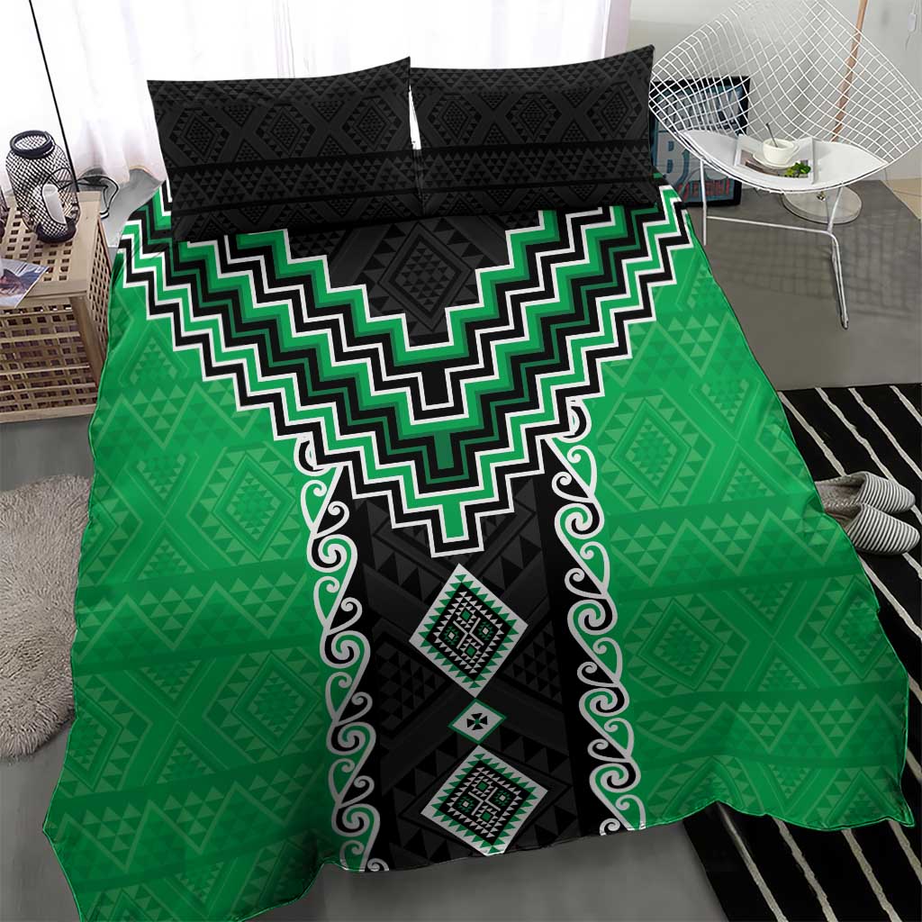 Green Niho Taniwha Mix Poutama Bedding Set Unique Taniko Aotearoa LT01 - Polynesian Pride