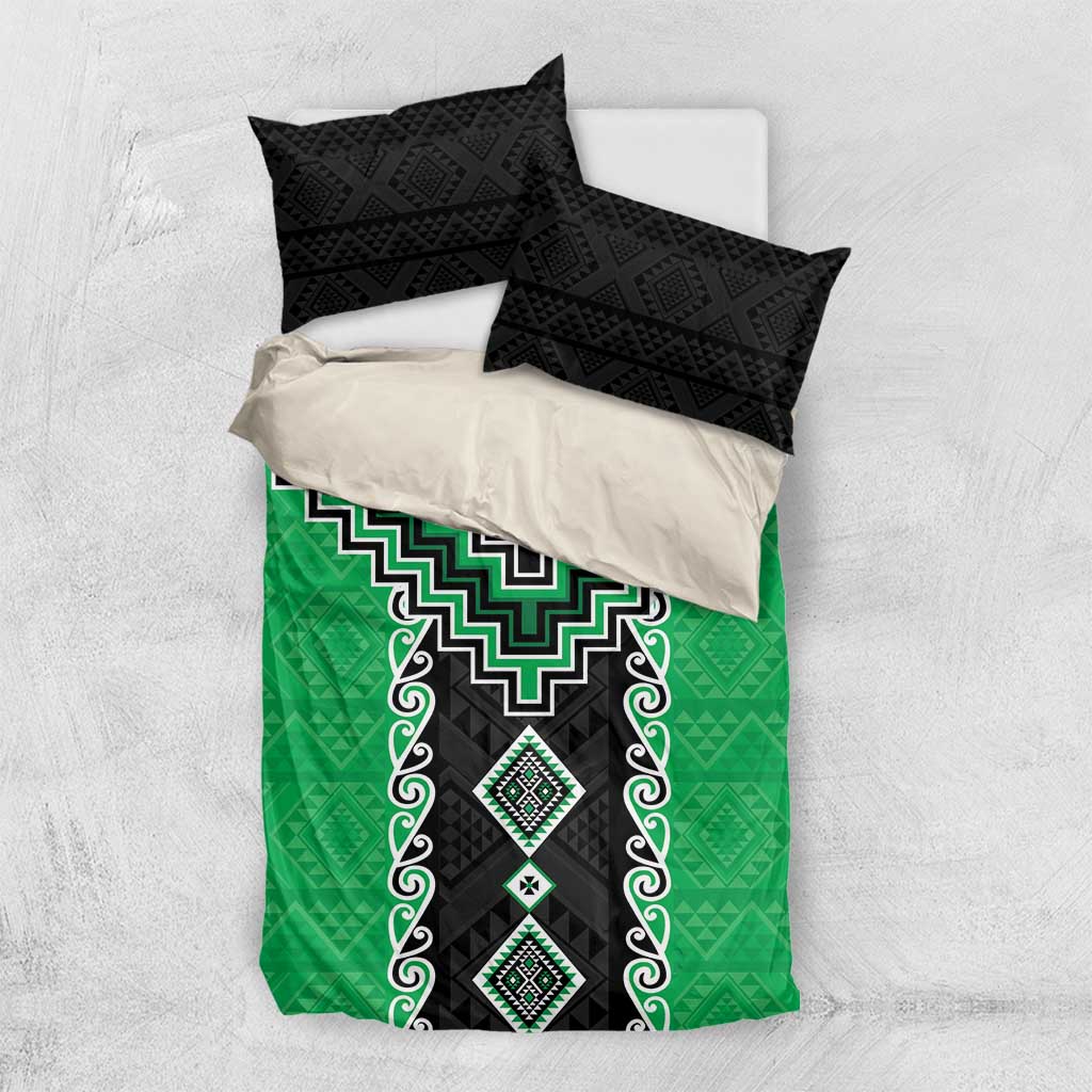 Green Niho Taniwha Mix Poutama Bedding Set Unique Taniko Aotearoa LT01 US Twin 172cm x 218cm Green - Polynesian Pride