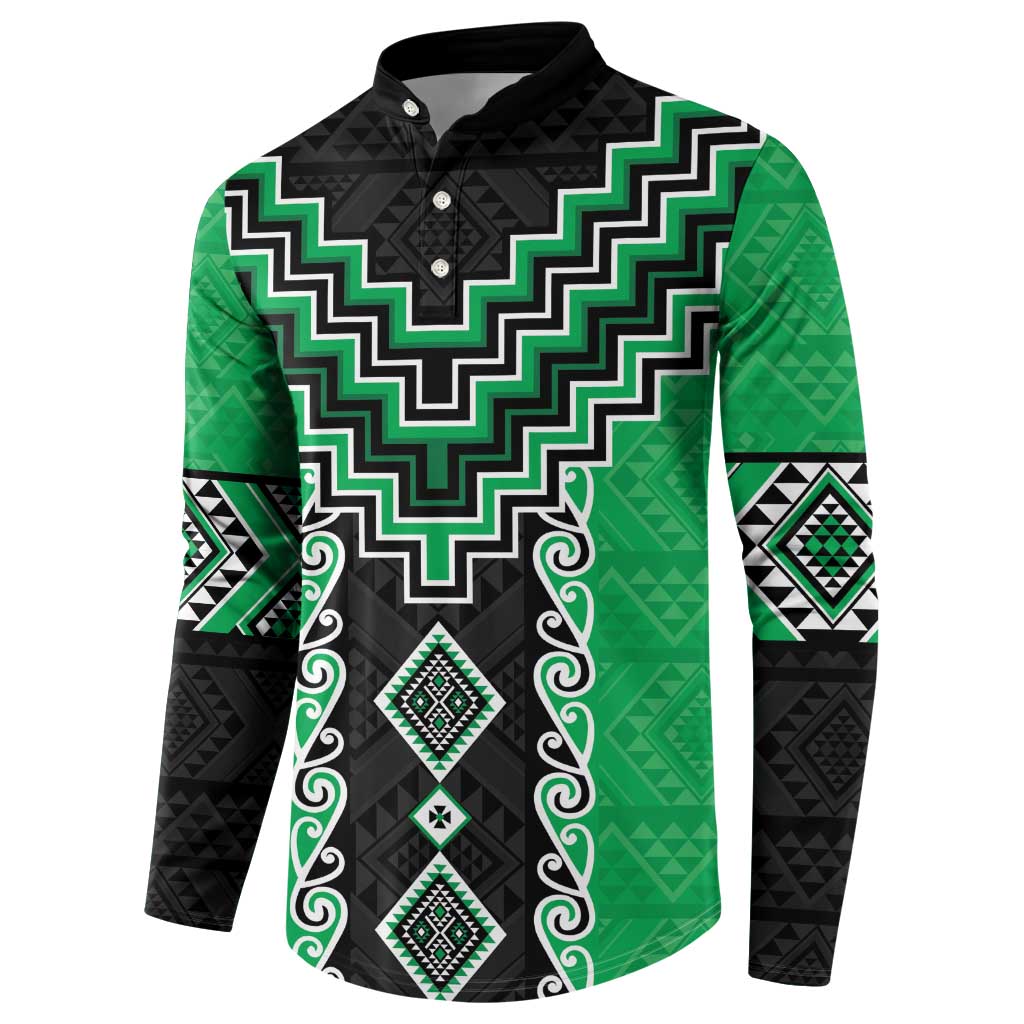 Green Niho Taniwha Mix Poutama Button Sweatshirt Unique Taniko Aotearoa LT01 - Polynesian Pride
