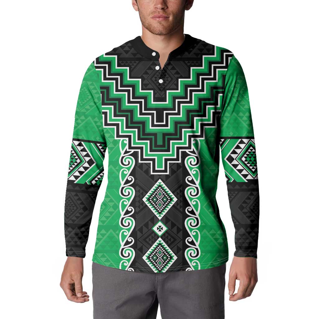 Green Niho Taniwha Mix Poutama Button Sweatshirt Unique Taniko Aotearoa LT01 - Polynesian Pride