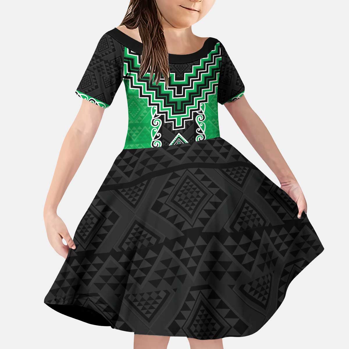 Green Niho Taniwha Mix Poutama Kid Short Sleeve Dress Unique Taniko Aotearoa LT01 KID Green - Polynesian Pride