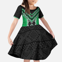 Green Niho Taniwha Mix Poutama Kid Short Sleeve Dress Unique Taniko Aotearoa LT01 KID Green - Polynesian Pride