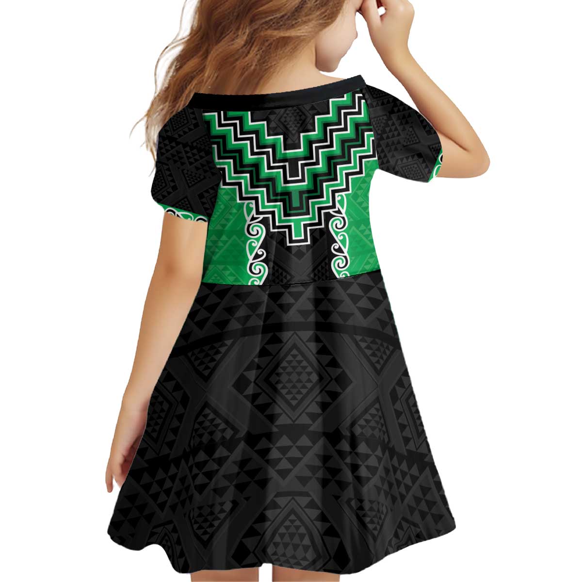 Green Niho Taniwha Mix Poutama Kid Short Sleeve Dress Unique Taniko Aotearoa LT01 - Polynesian Pride