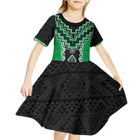 Green Niho Taniwha Mix Poutama Kid Short Sleeve Dress Unique Taniko Aotearoa LT01 - Polynesian Pride