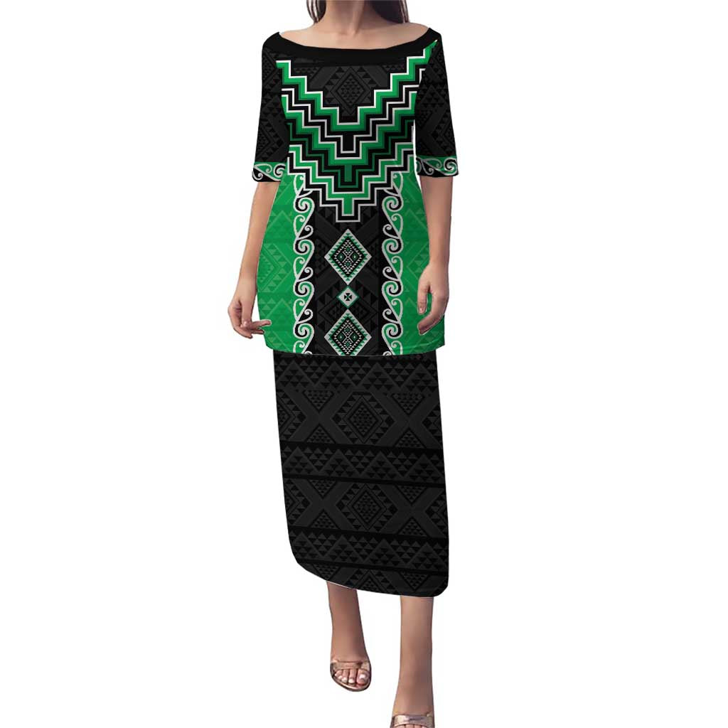 Green Niho Taniwha Mix Poutama Puletasi Unique Taniko Aotearoa LT01 Long Dress Green - Polynesian Pride