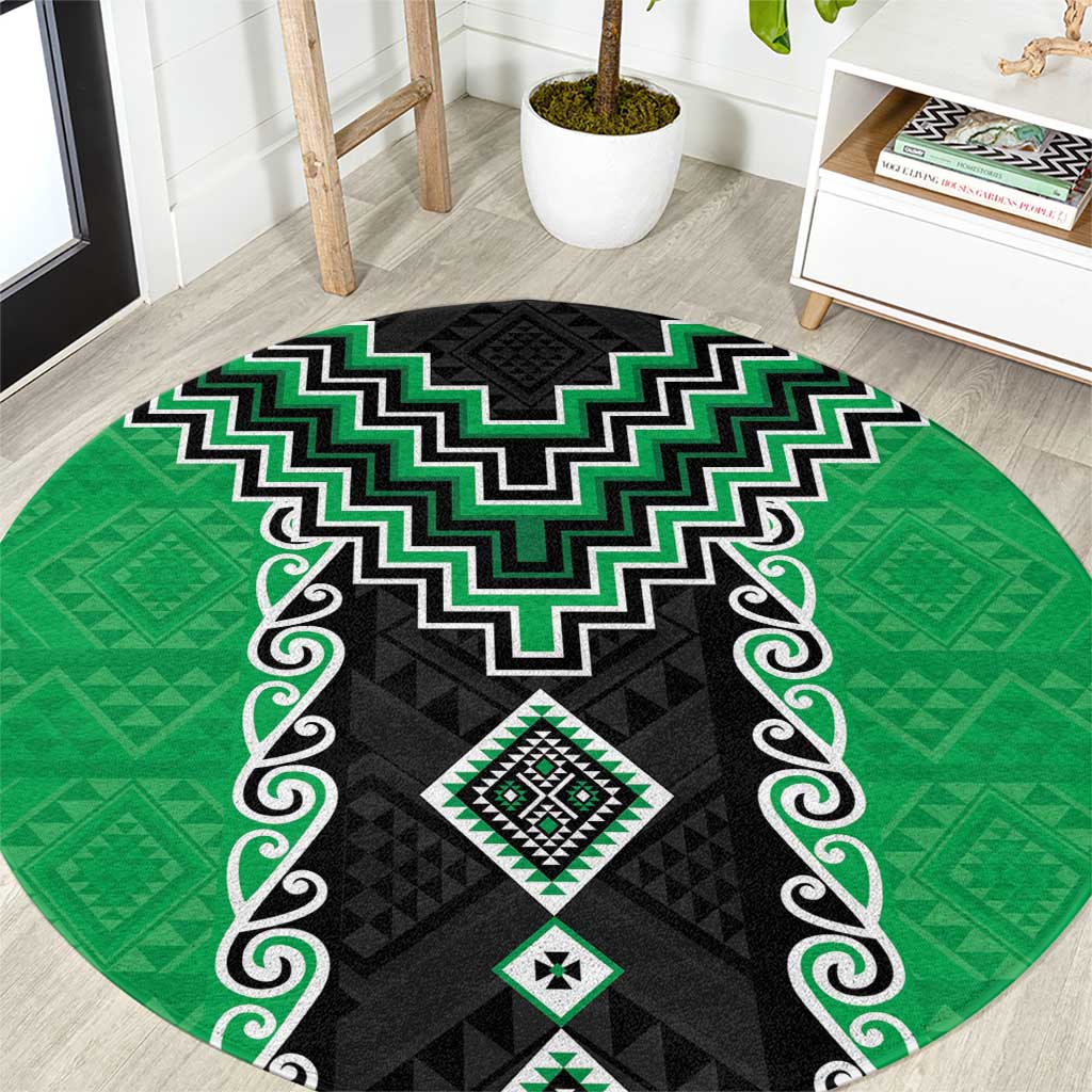 Green Niho Taniwha Mix Poutama Round Carpet Unique Taniko Aotearoa LT01 Green - Polynesian Pride