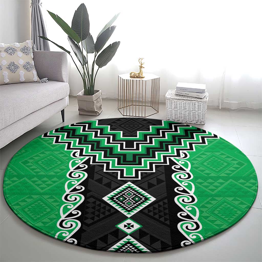 Green Niho Taniwha Mix Poutama Round Carpet Unique Taniko Aotearoa LT01 - Polynesian Pride
