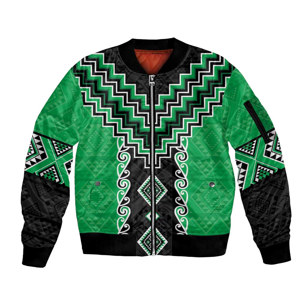 Green Niho Taniwha Mix Poutama Sleeve Zip Bomber Jacket Unique Taniko Aotearoa LT01 Unisex Green - Polynesian Pride