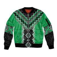 Green Niho Taniwha Mix Poutama Sleeve Zip Bomber Jacket Unique Taniko Aotearoa LT01 Unisex Green - Polynesian Pride