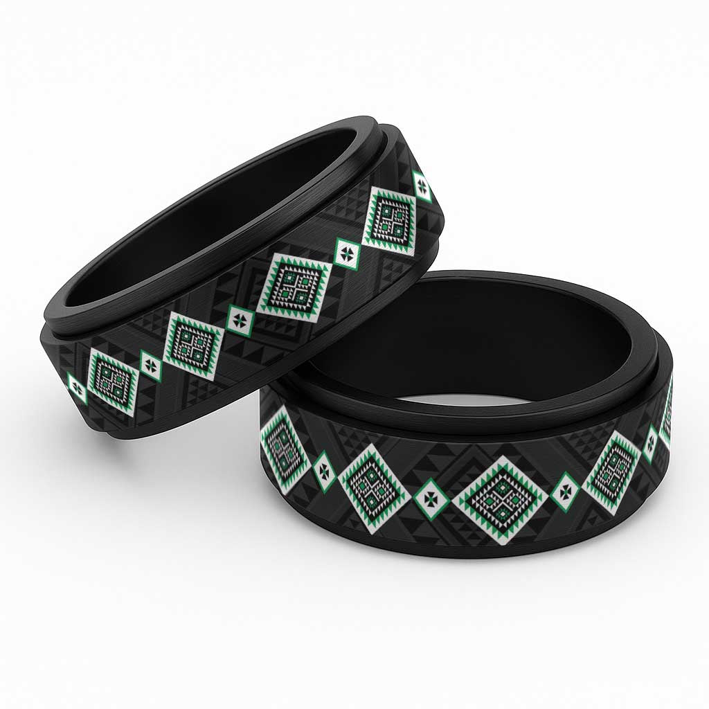 Green Niho Taniwha Mix Poutama Spinner Ring Unique Taniko Aotearoa LT01 Black Green - Polynesian Pride