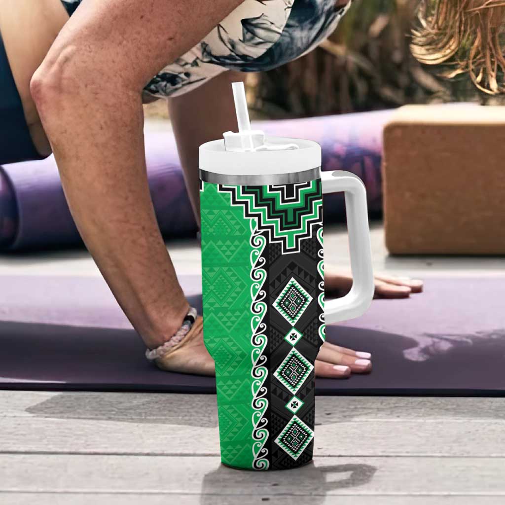 Green Niho Taniwha Mix Poutama Tumbler With Handle Unique Taniko Aotearoa LT01 - Polynesian Pride