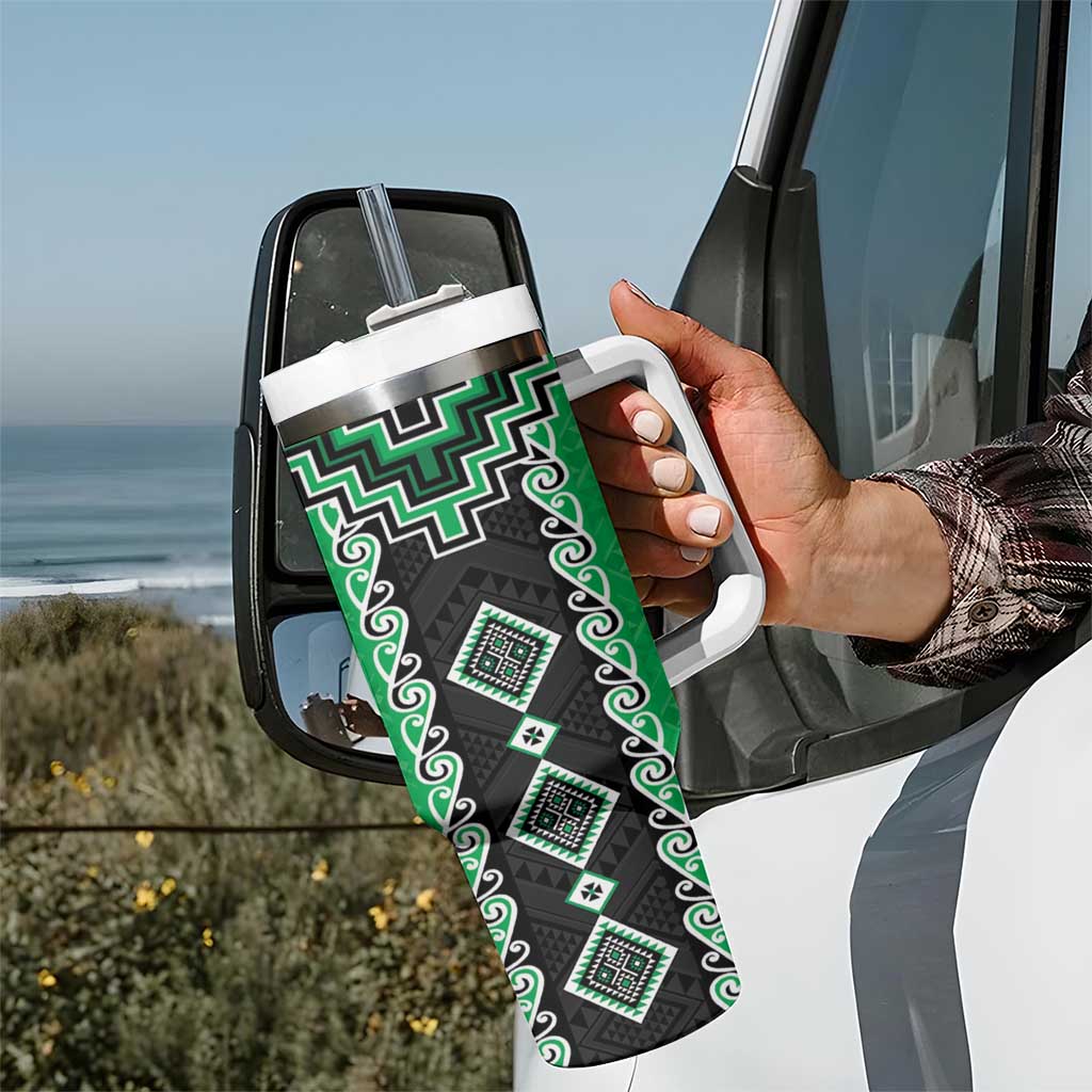 Green Niho Taniwha Mix Poutama Tumbler With Handle Unique Taniko Aotearoa LT01 - Polynesian Pride