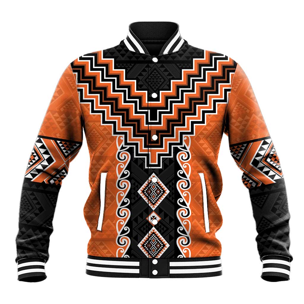 Orange Niho Taniwha Mix Poutama Baseball Jacket Unique Taniko Aotearoa LT01 Unisex Orange - Polynesian Pride