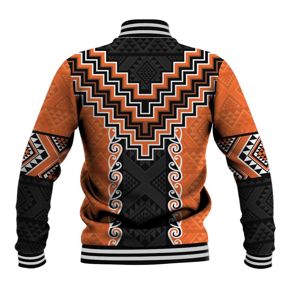 Orange Niho Taniwha Mix Poutama Baseball Jacket Unique Taniko Aotearoa LT01 - Polynesian Pride