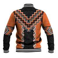 Orange Niho Taniwha Mix Poutama Baseball Jacket Unique Taniko Aotearoa LT01 - Polynesian Pride
