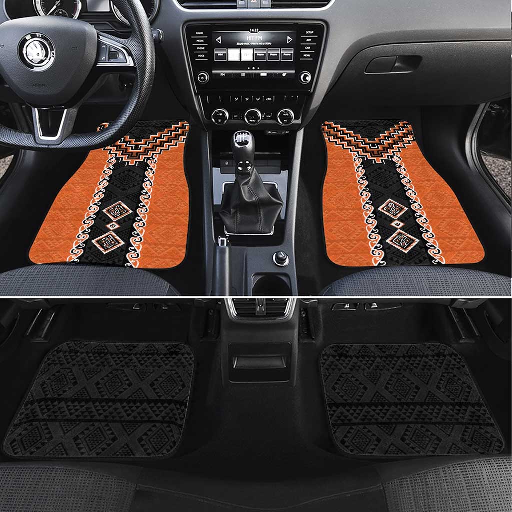Orange Niho Taniwha Mix Poutama Car Mats Unique Taniko Aotearoa LT01 Set 4pcs Orange - Polynesian Pride