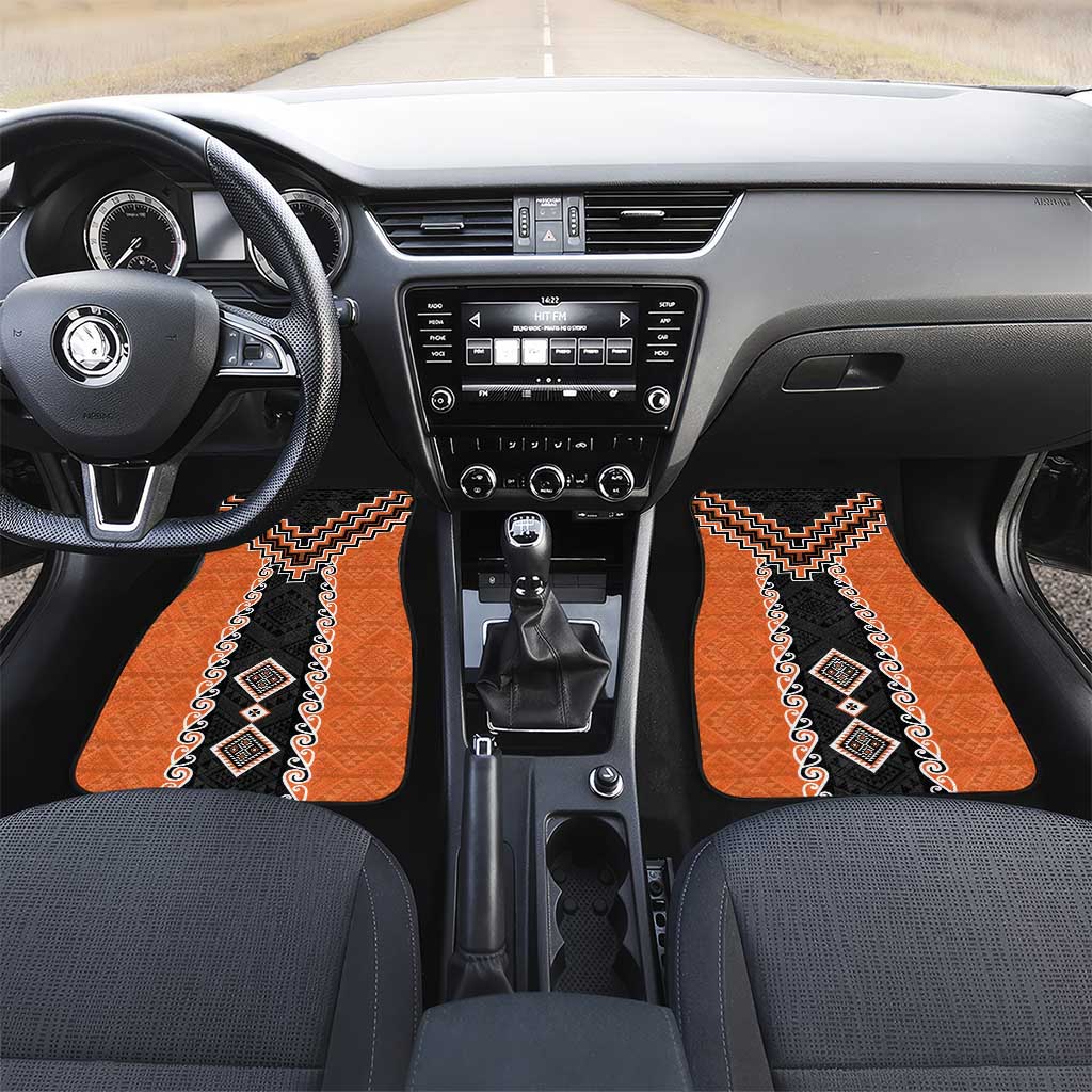 Orange Niho Taniwha Mix Poutama Car Mats Unique Taniko Aotearoa LT01 Set 2pcs - Front Orange - Polynesian Pride