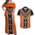 Orange Niho Taniwha Mix Poutama Couples Matching Off Shoulder Maxi Dress and Hawaiian Shirt Unique Taniko Aotearoa