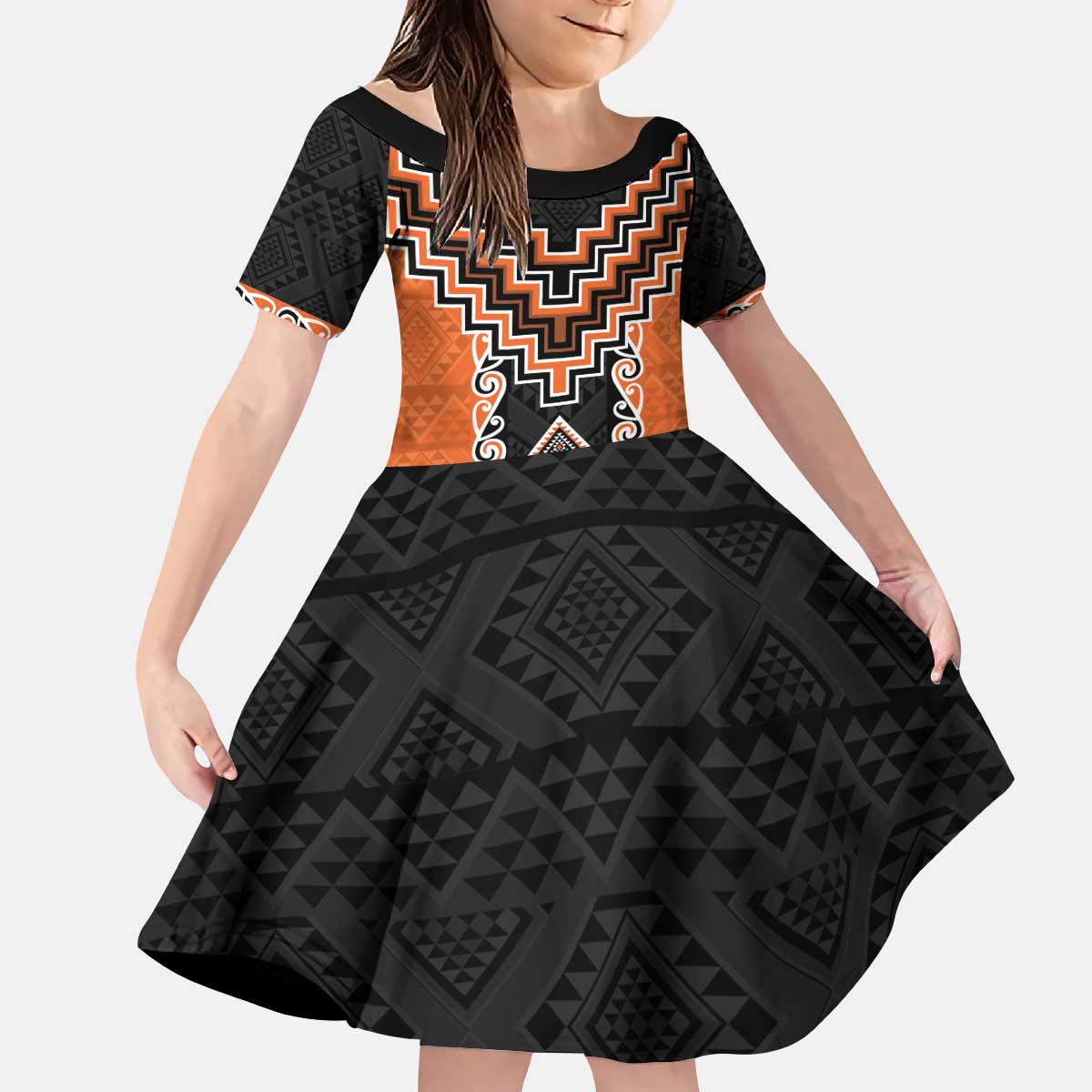 Orange Niho Taniwha Mix Poutama Kid Short Sleeve Dress Unique Taniko Aotearoa LT01 KID Orange - Polynesian Pride