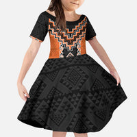 Orange Niho Taniwha Mix Poutama Kid Short Sleeve Dress Unique Taniko Aotearoa LT01 KID Orange - Polynesian Pride