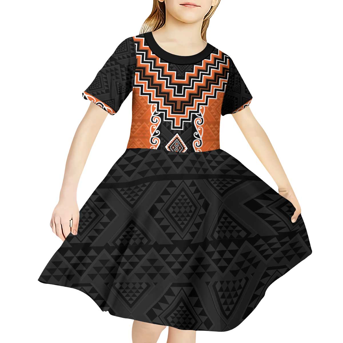 Orange Niho Taniwha Mix Poutama Kid Short Sleeve Dress Unique Taniko Aotearoa LT01 - Polynesian Pride
