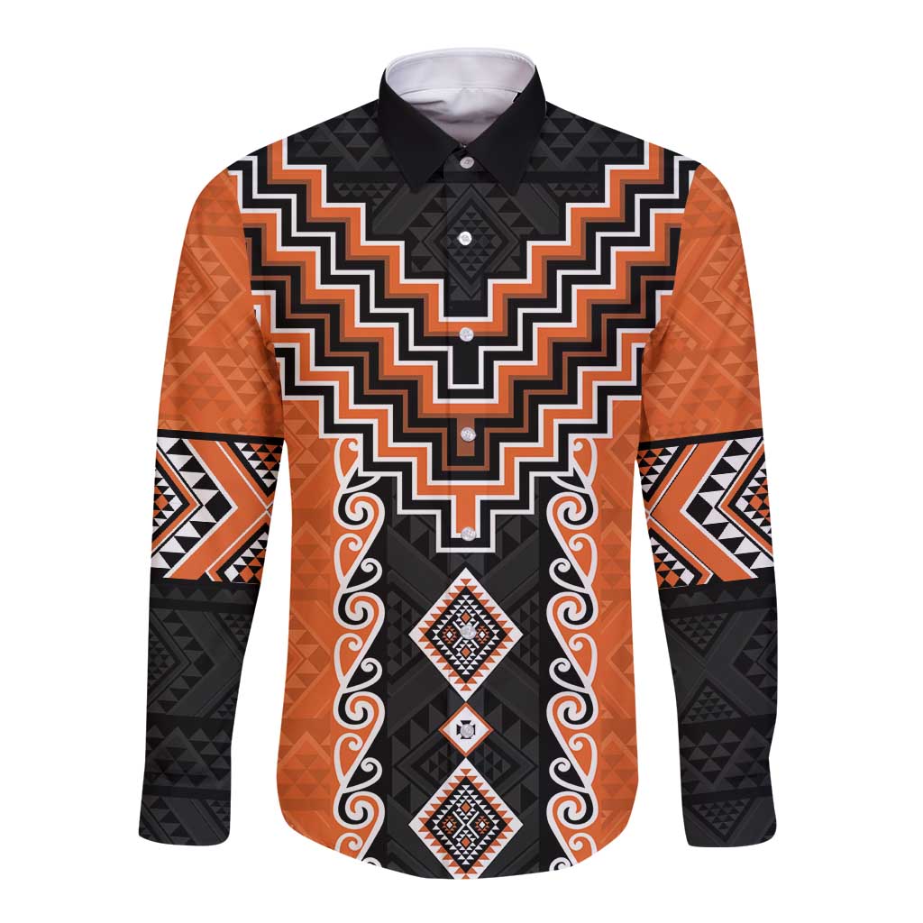 Orange Niho Taniwha Mix Poutama Long Sleeve Button Shirt Unique Taniko Aotearoa LT01 Unisex Orange - Polynesian Pride