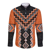 Orange Niho Taniwha Mix Poutama Long Sleeve Button Shirt Unique Taniko Aotearoa LT01 Unisex Orange - Polynesian Pride