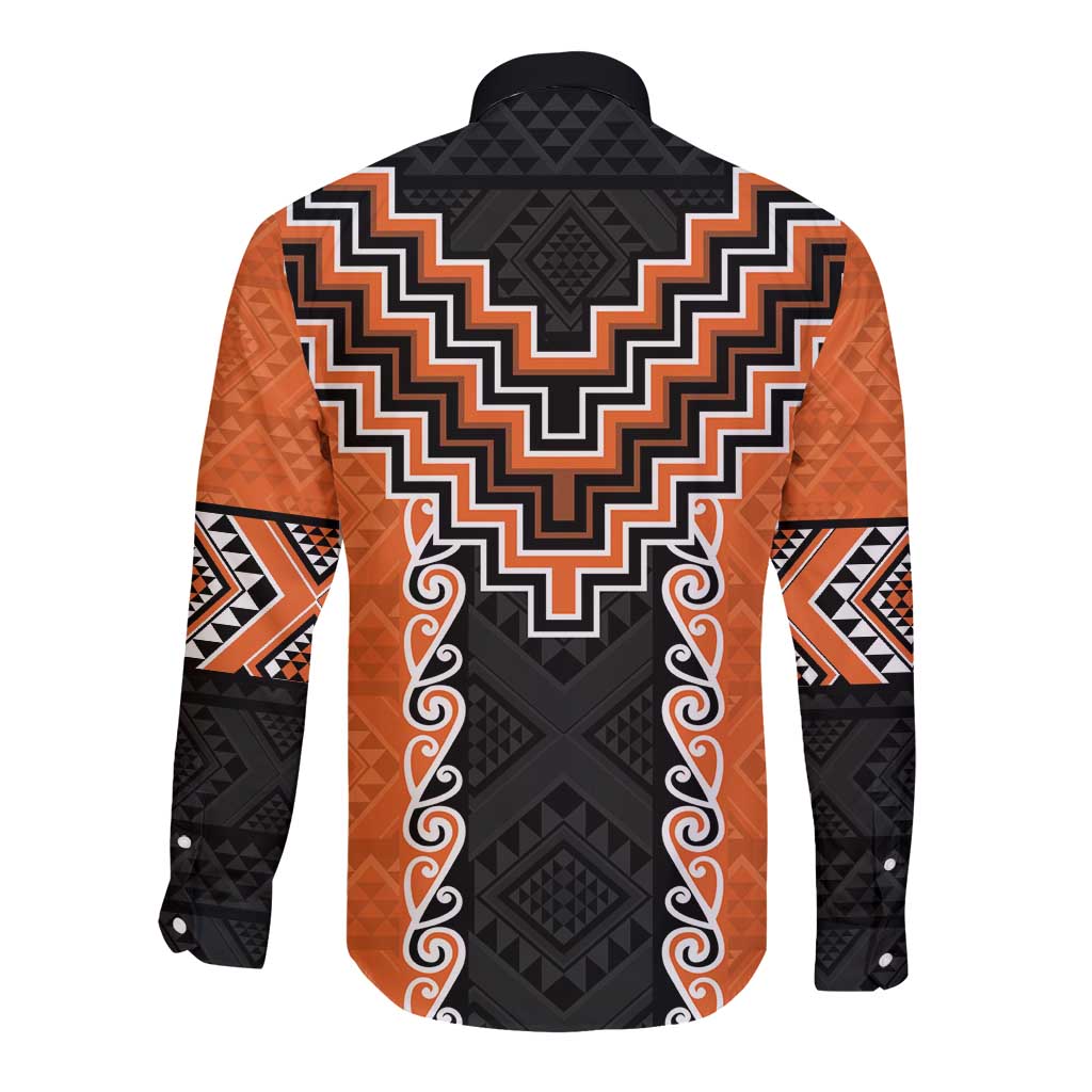 Orange Niho Taniwha Mix Poutama Long Sleeve Button Shirt Unique Taniko Aotearoa LT01 - Polynesian Pride