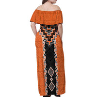 Orange Niho Taniwha Mix Poutama Off Shoulder Maxi Dress Unique Taniko Aotearoa LT01 - Polynesian Pride