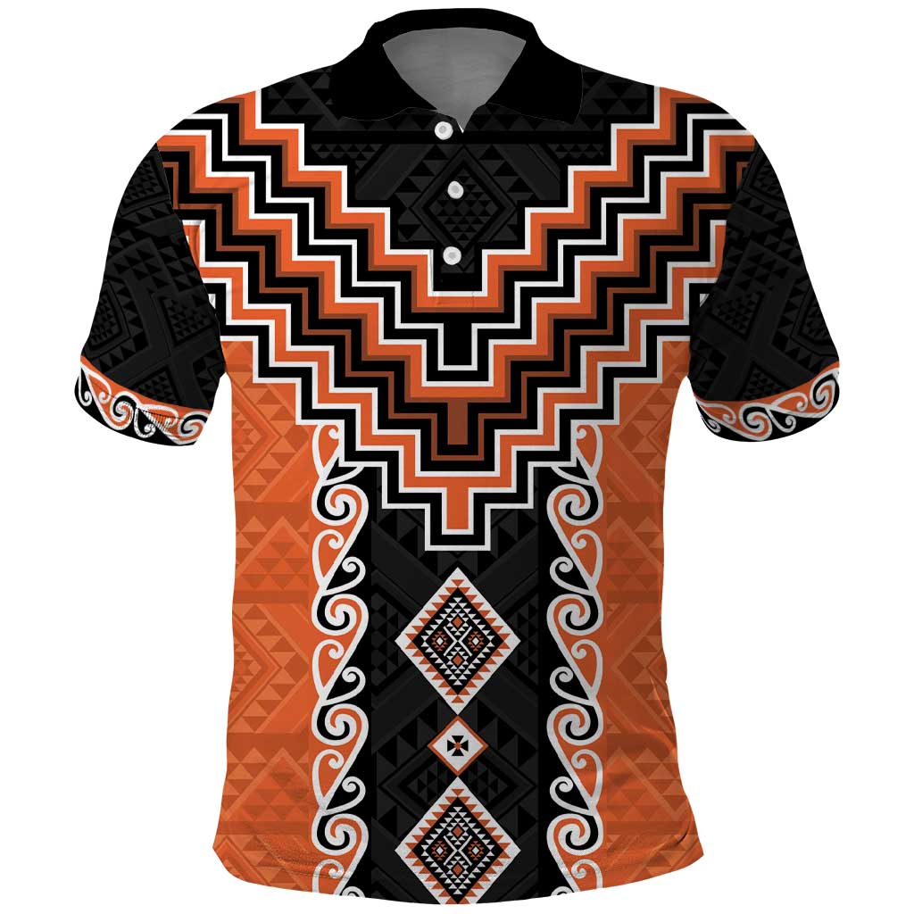 Orange Niho Taniwha Mix Poutama Polo Shirt Unique Taniko Aotearoa LT01 Orange - Polynesian Pride