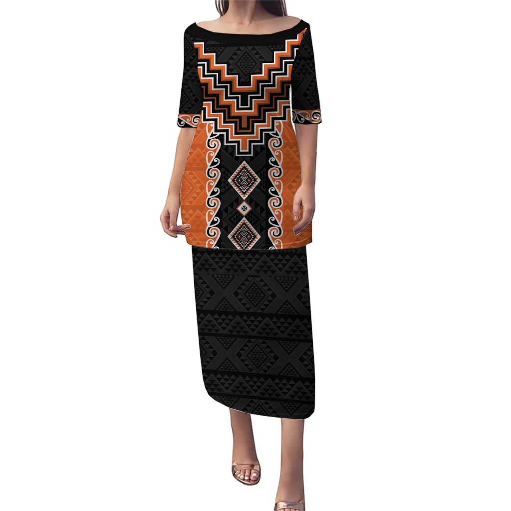Orange Niho Taniwha Mix Poutama Puletasi Unique Taniko Aotearoa LT01 Long Dress Orange - Polynesian Pride