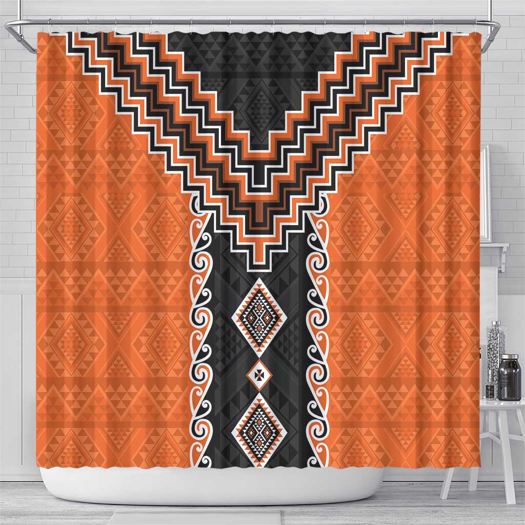 Orange Niho Taniwha Mix Poutama Shower Curtain Unique Taniko Aotearoa LT01 - Polynesian Pride