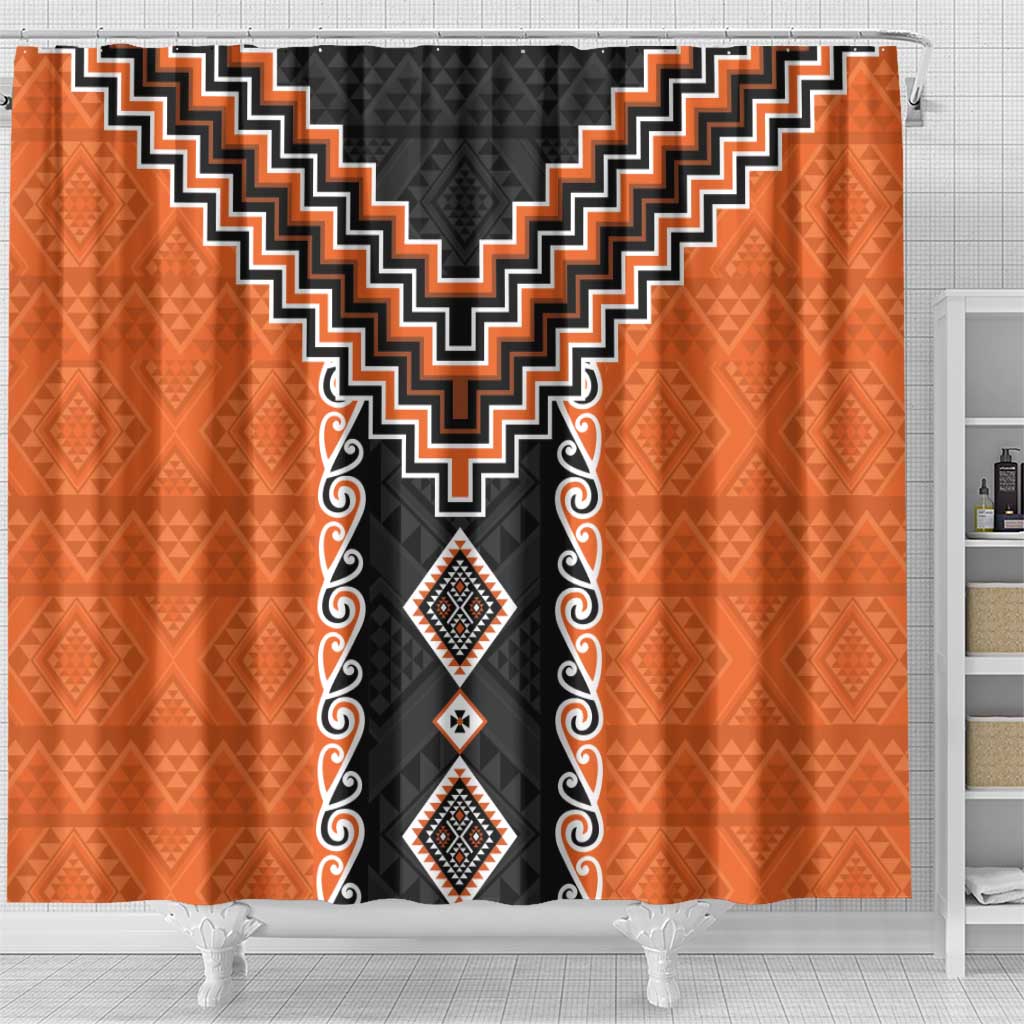 Orange Niho Taniwha Mix Poutama Shower Curtain Unique Taniko Aotearoa LT01 - Polynesian Pride