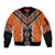 Orange Niho Taniwha Mix Poutama Sleeve Zip Bomber Jacket Unique Taniko Aotearoa