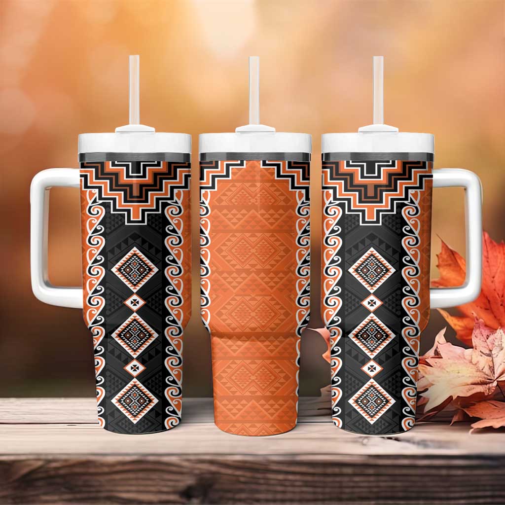 Orange Niho Taniwha Mix Poutama Tumbler With Handle Unique Taniko Aotearoa LT01 - Polynesian Pride