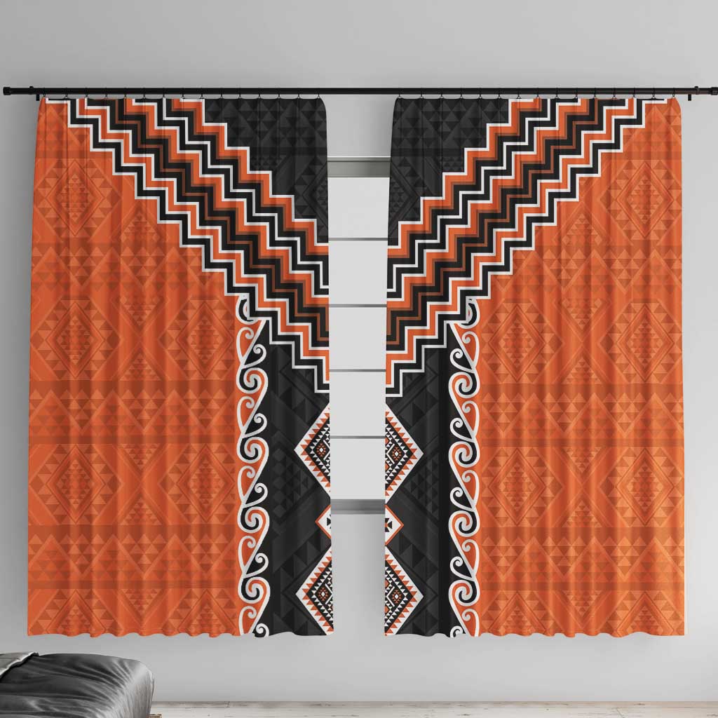 Orange Niho Taniwha Mix Poutama Window Curtain Unique Taniko Aotearoa LT01 With Hooks Orange - Polynesian Pride