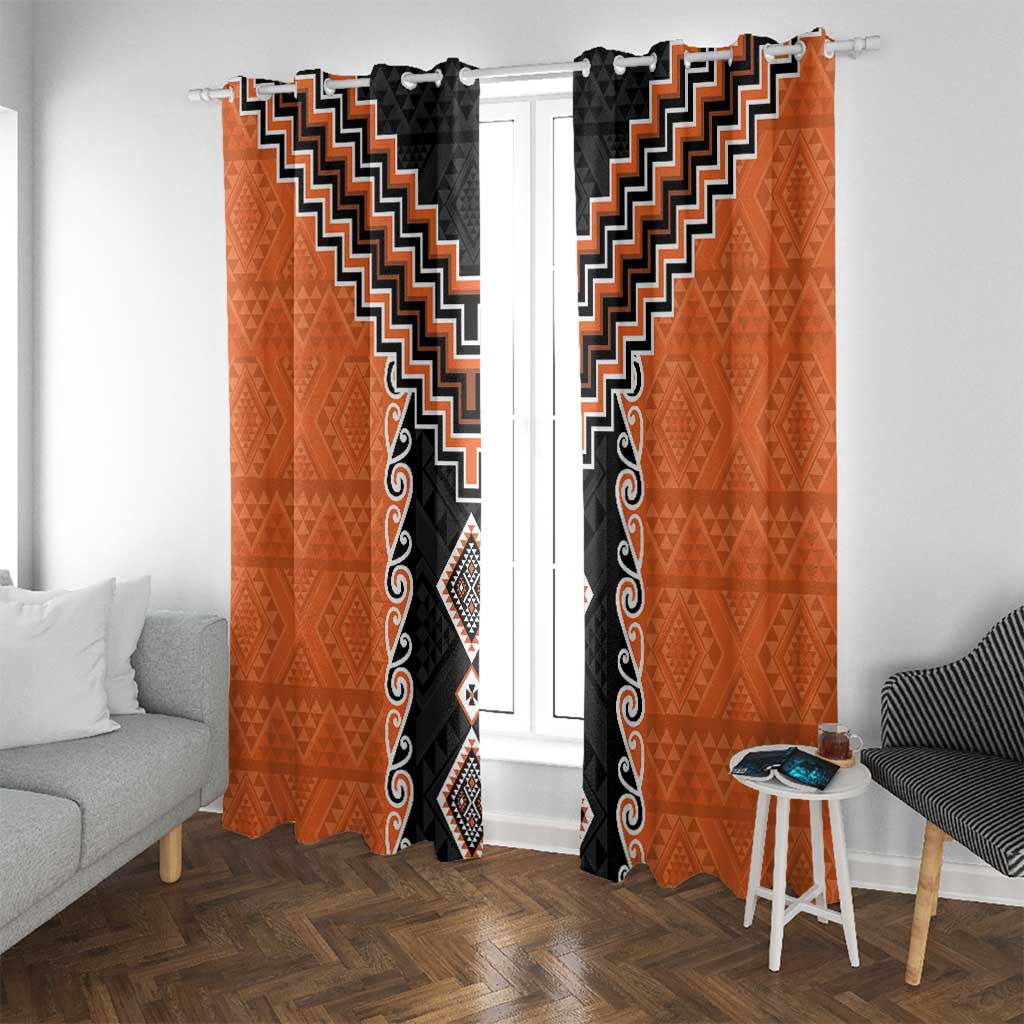 Orange Niho Taniwha Mix Poutama Window Curtain Unique Taniko Aotearoa LT01 With Grommets Orange - Polynesian Pride