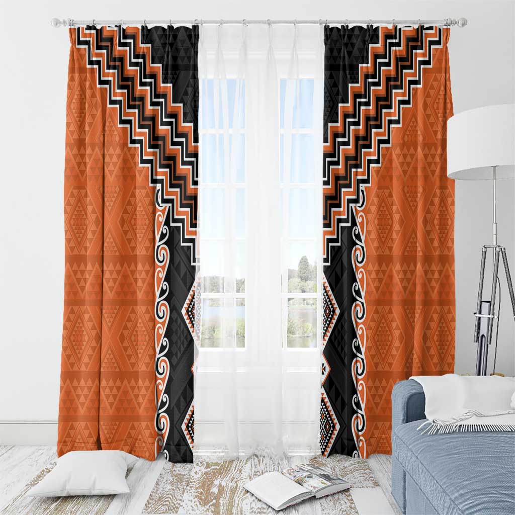 Orange Niho Taniwha Mix Poutama Window Curtain Unique Taniko Aotearoa LT01 - Polynesian Pride