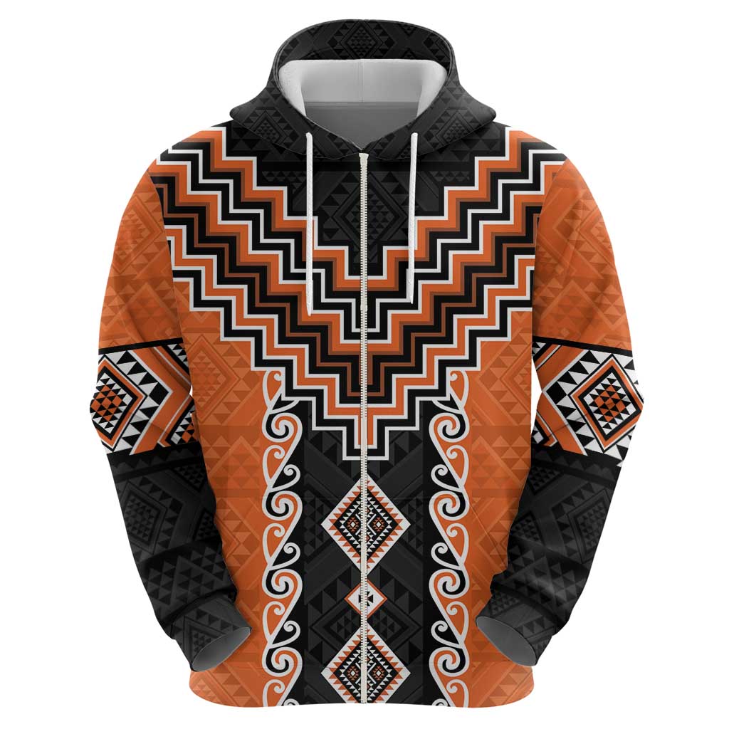 Orange Niho Taniwha Mix Poutama Zip Hoodie Unique Taniko Aotearoa LT01 - Polynesian Pride