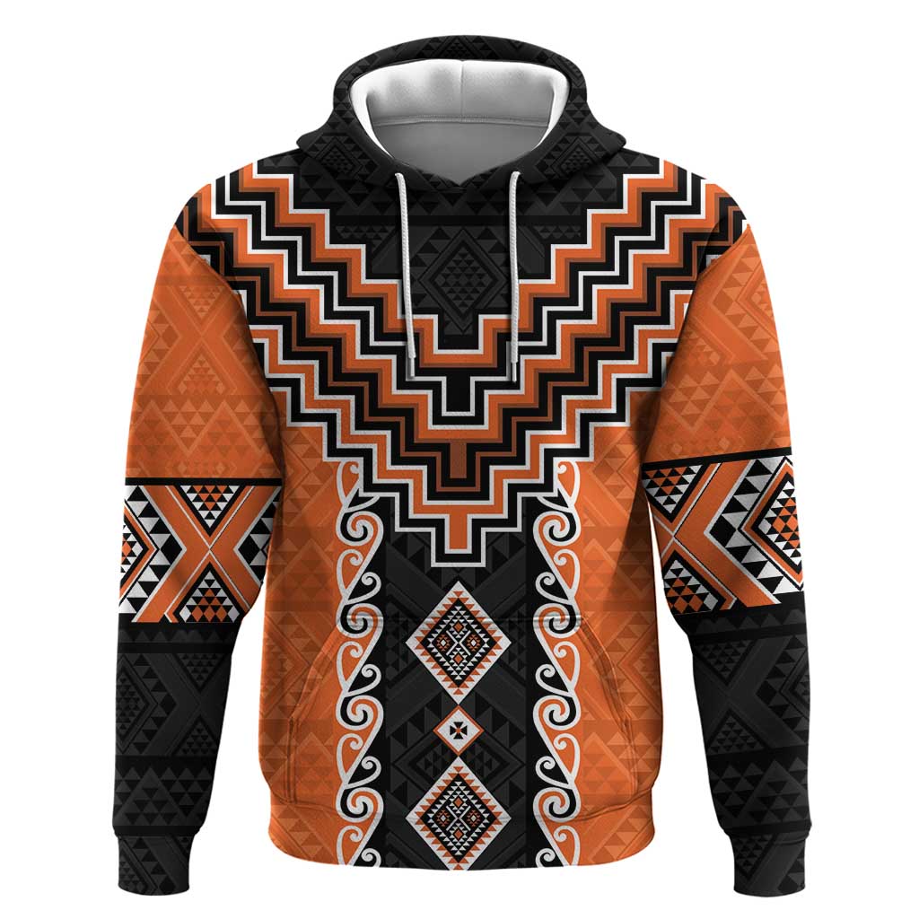 Orange Niho Taniwha Mix Poutama Zip Hoodie Unique Taniko Aotearoa LT01 Pullover Hoodie Orange - Polynesian Pride