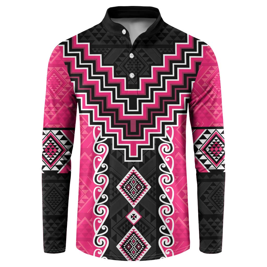 Pink Niho Taniwha Mix Poutama Button Sweatshirt Unique Taniko Aotearoa LT01 Pink - Polynesian Pride